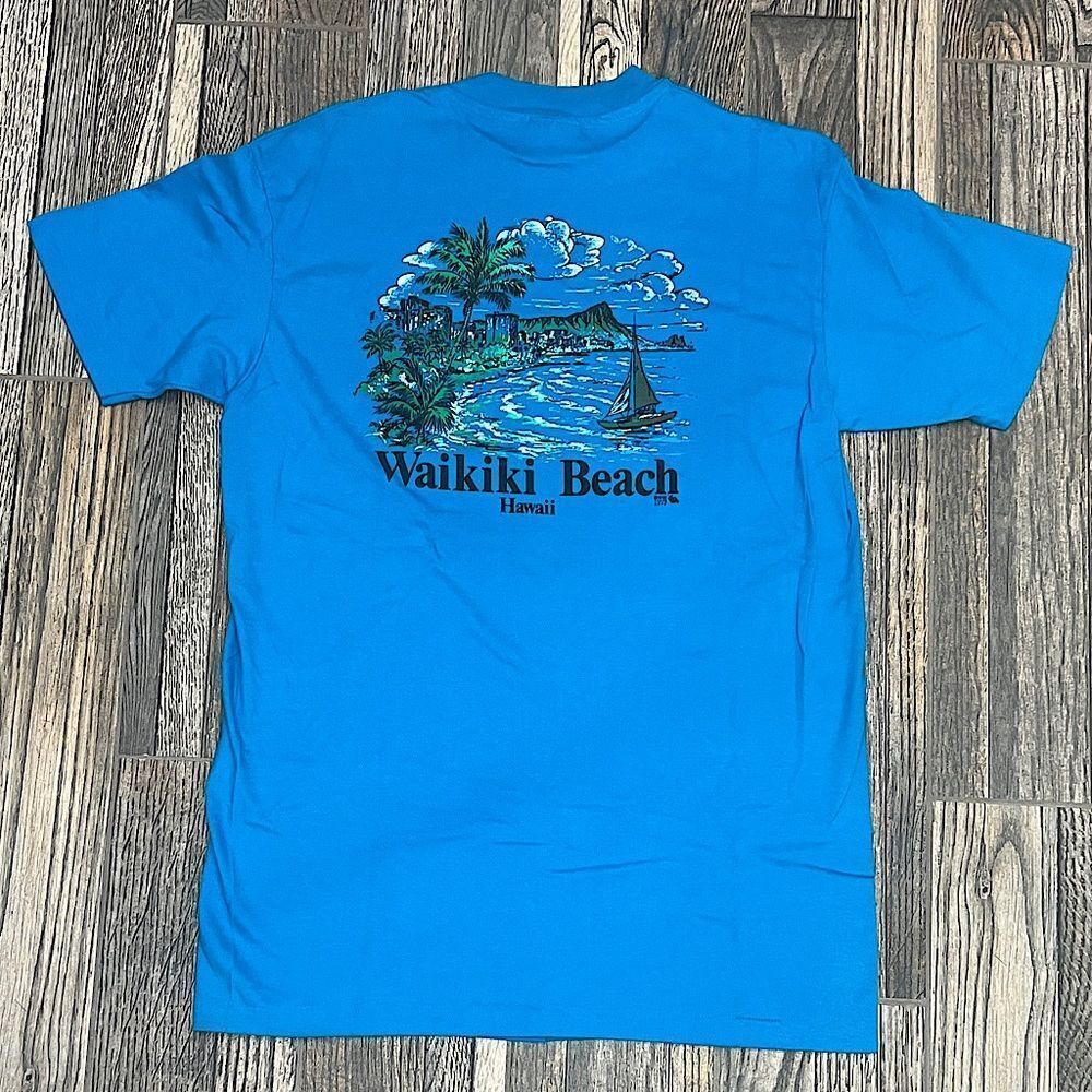 ☀️🏝️ Vintage WAIKIKI BEACH HAWAII Turquoise Hawaiian Surf‎ Tee Single Stitch Sz